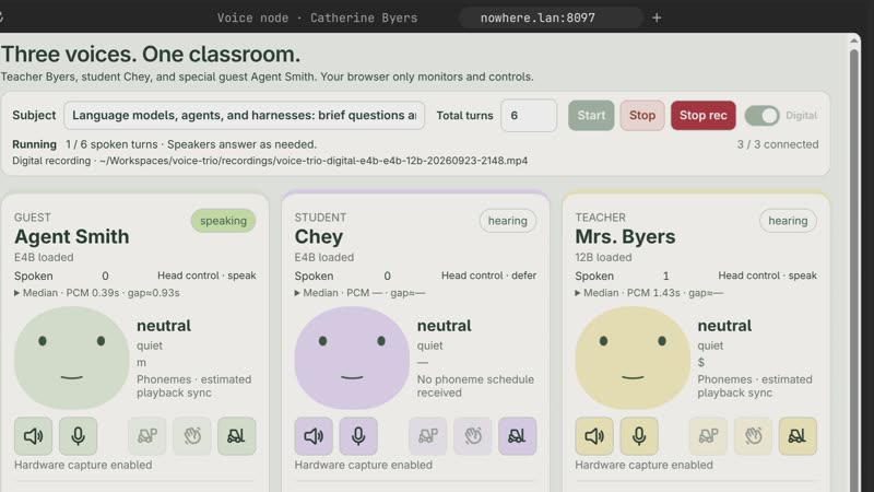 Three voice agents, Agent Smith, Chey and Mrs. Byers, in the experimental voice classroom